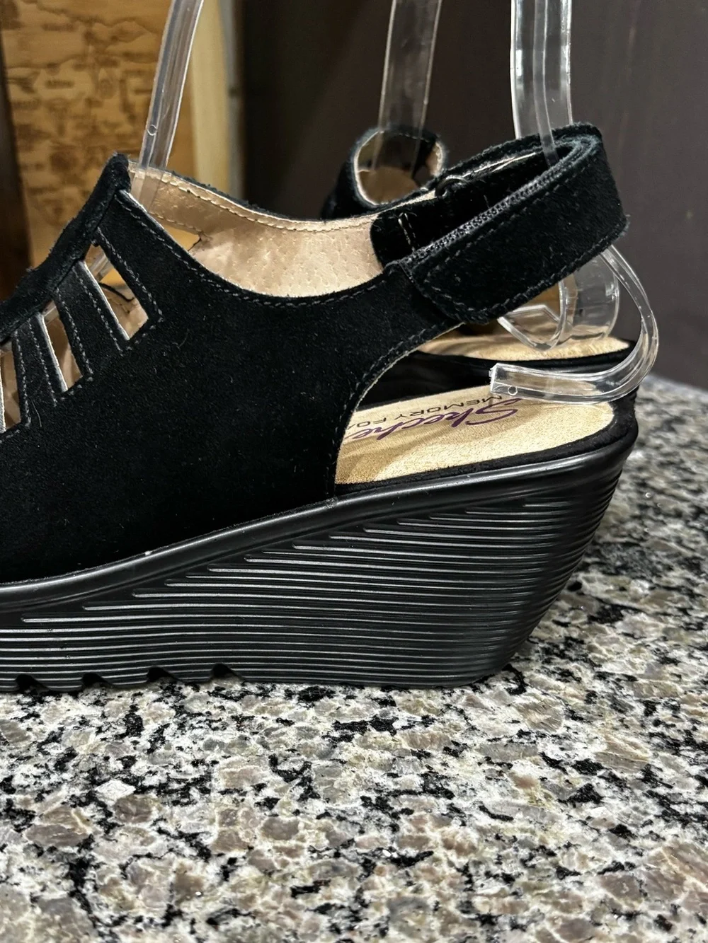 Skechers Black Suede Cut Out Wedge Sandals Size 7